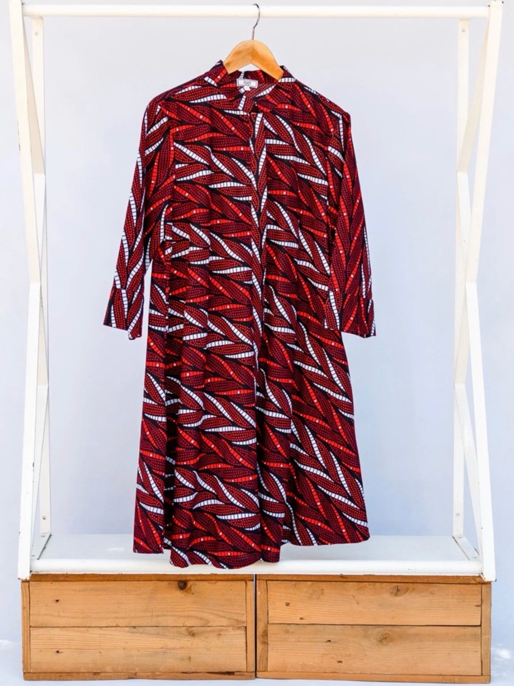 Red Patterned Long Sleeve A-Line Dress